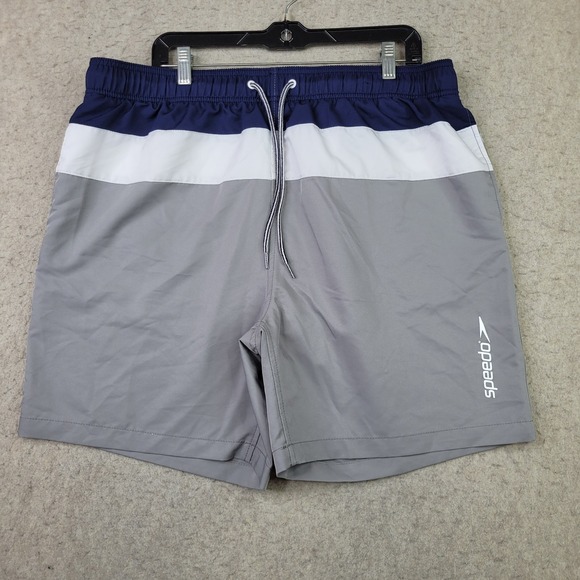 Speedo Swimming Trunks Mens 2XL Blue Gray Colorblock Lined Drawstring - Picture 1 of 11